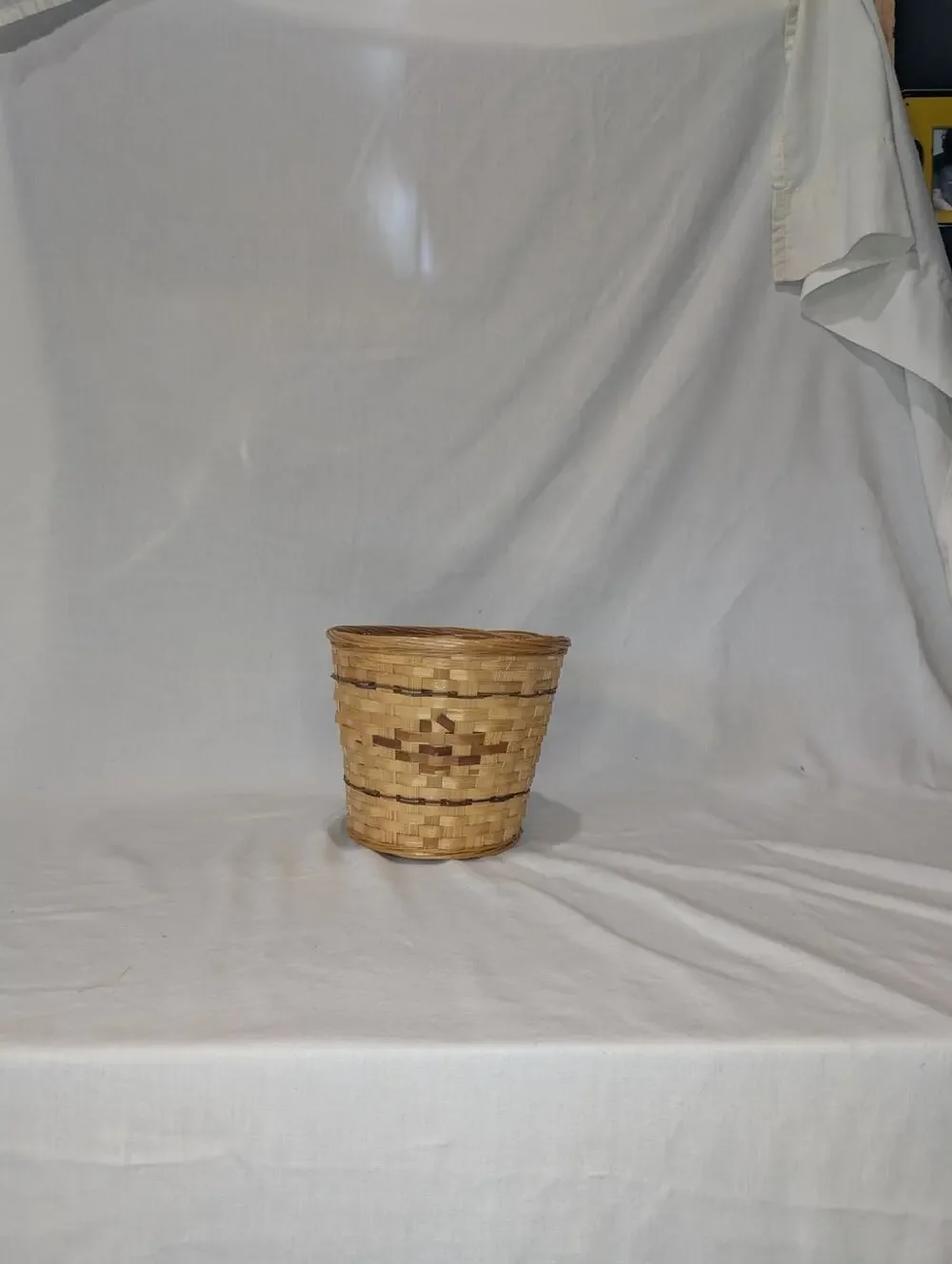 Vintage Woven Round Tapered Basket Accent Pot Geometric Pattern